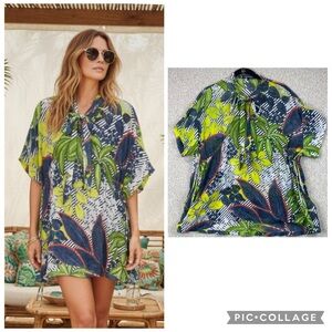 Luisa Cerano cotton silk blouse or swim coverup size 8 cinch waist boho tropical